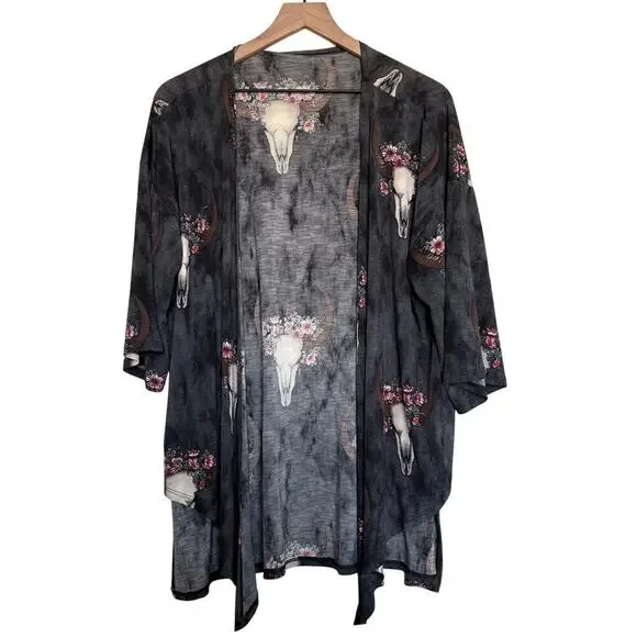 Floral Longhorn Skull Print Kimono Cardigan Boho Western Core M Coastal Cowgirl - Picture 4 of 10
